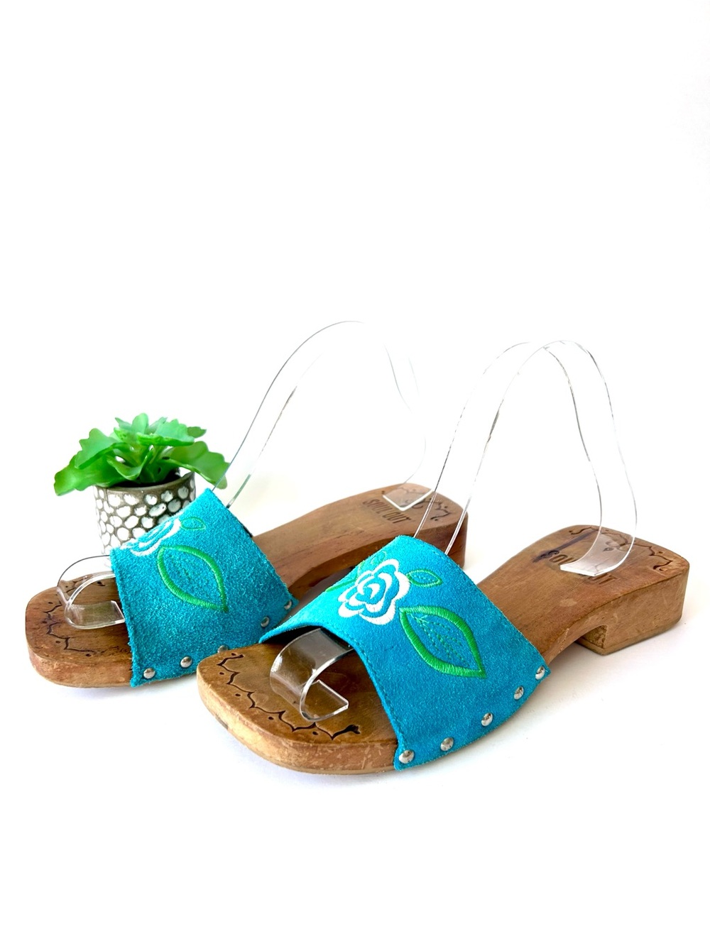 Soul Out Vintage 90s Turqoise Blue Suede Platform Wood Mule Slide Sandals 7.5
